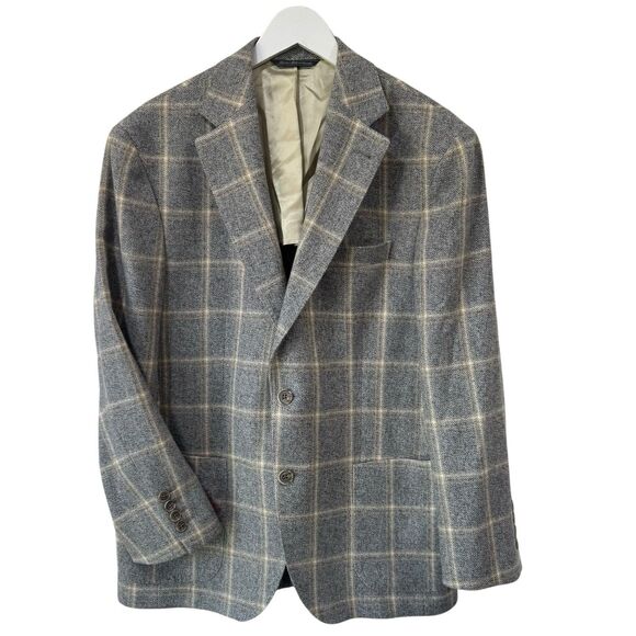 Jack Victor 42S Wynn Windowpane Plaid Wool Cashmere Drago Sport Coat Gray Tan - Picture 1 of 12